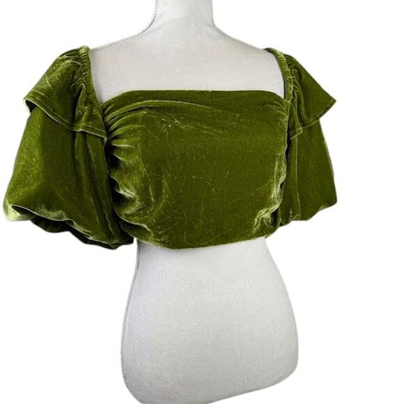 Tularosa Mirella Top in Dark Olive Puff Sleeve Ruched Elastic Back Size Large - Picture 2 of 12